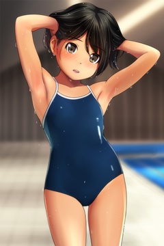 ! (e) standing in a blue one-piece swimsuit, hands in hair